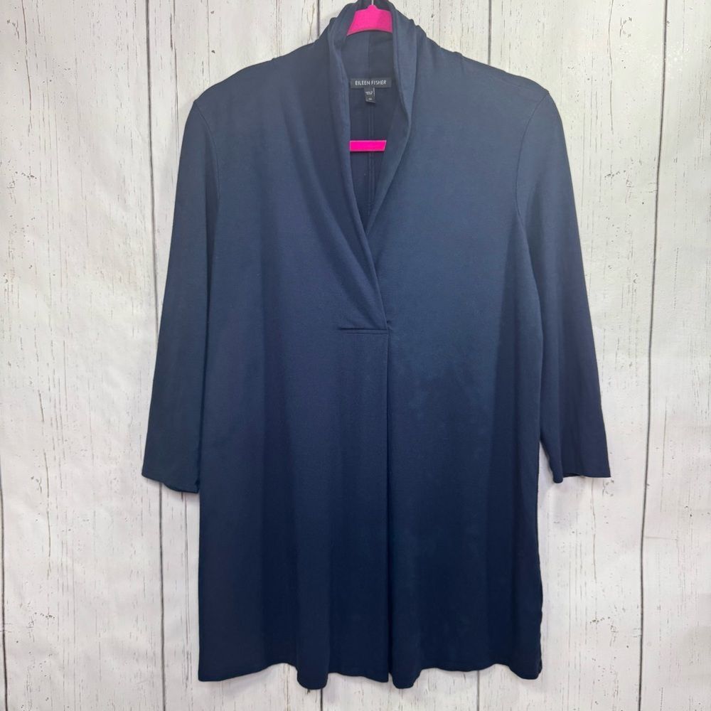 Eileen Fisher Navy V Neck Tunic Top 3/4 Sleeve Stretch Size M Minimalist Classic
